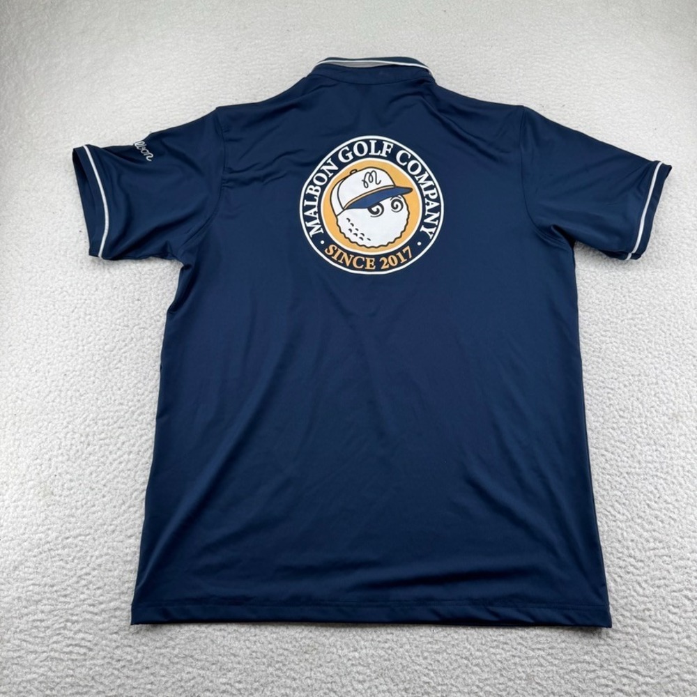Malbon Golf Company Polo Mens Large Navy Blue Short Sleeve Golf Ball Back Hit